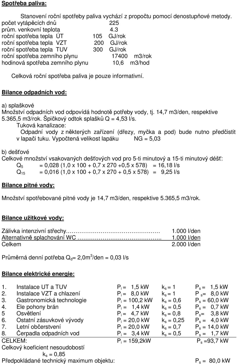 Celková roční spotřeba paliva je pouze informativní. Bilance odpadních vod: a) splaškové Množství odpadních vod odpovídá hodnotě potřeby vody, tj. 14,7 m3/den, respektive 5.365,5 m3/rok.