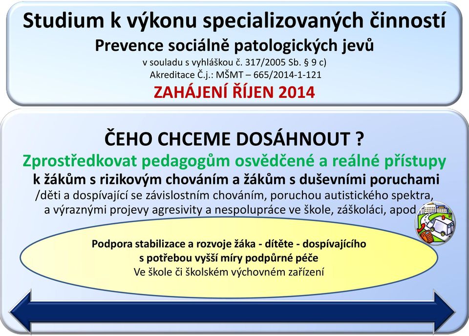 Zprostředkovat pedagogům osvědčené a reálné přístupy k žákům s rizikovým chováním a žákům s duševními poruchami /děti a dospívající se závislostním chováním,