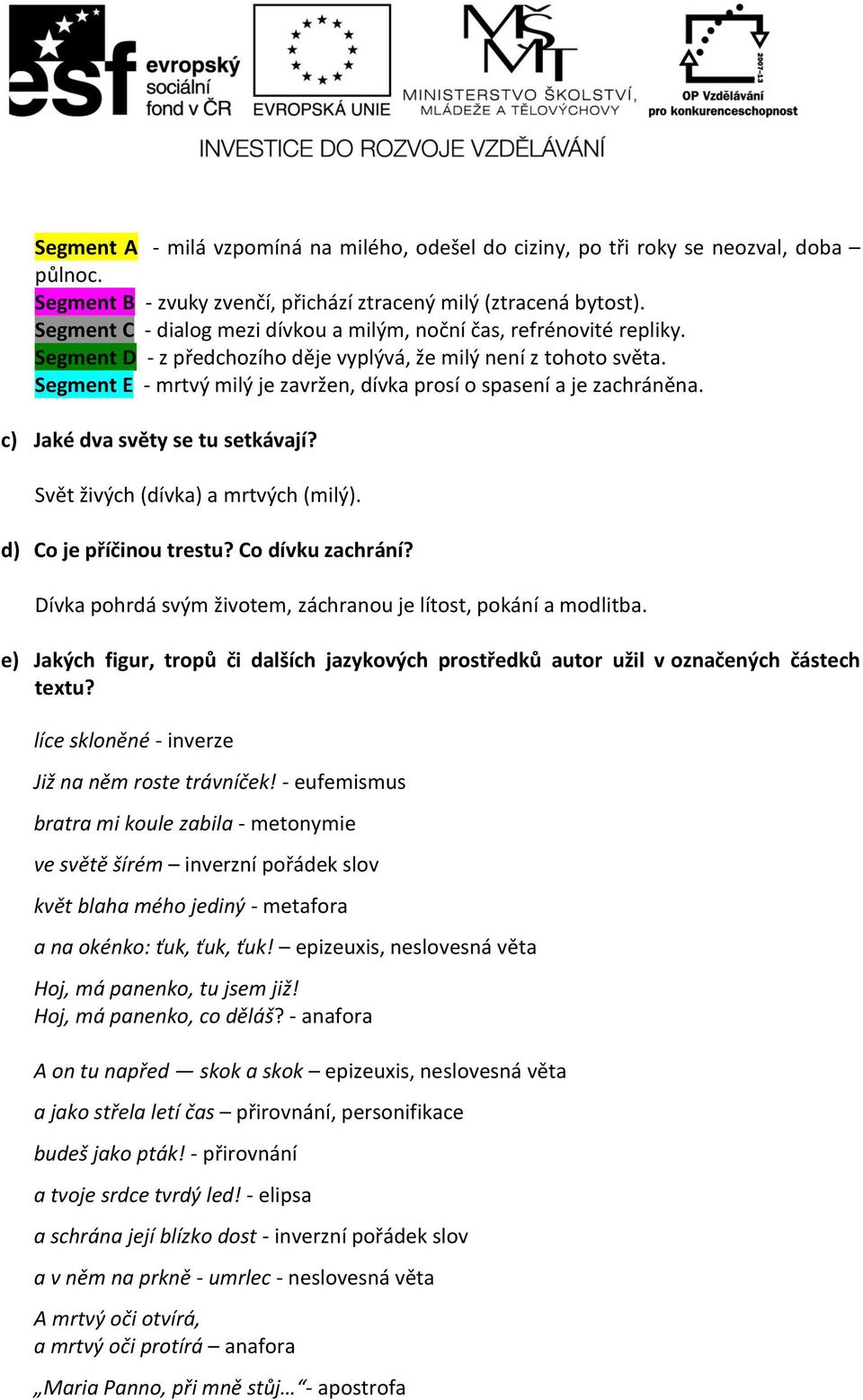 Segment E - mrtvý milý je zavržen, dívka prosí o spasení a je zachráněna. c) Jaké dva světy se tu setkávají? Svět živých (dívka) a mrtvých (milý). d) Co je příčinou trestu? Co dívku zachrání?