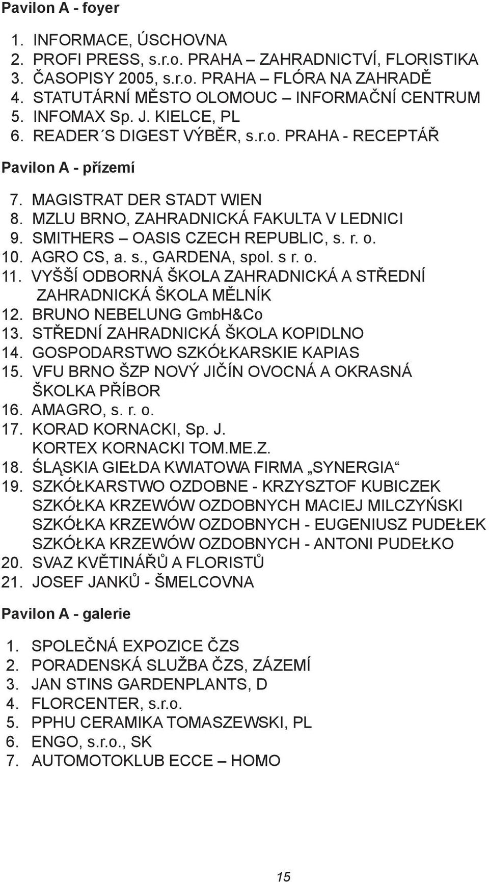 SMITHERS OASIS CZECH REPUBLIC, s. r. o. 10. AGRO CS, a. s., GARDENA, spol. s r. o. 11. VYŠŠÍ ODBORNÁ ŠKOLA ZAHRADNICKÁ A STŘEDNÍ ZAHRADNICKÁ ŠKOLA MĚLNÍK 12. BRUNO NEBELUNG GmbH&Co 13.