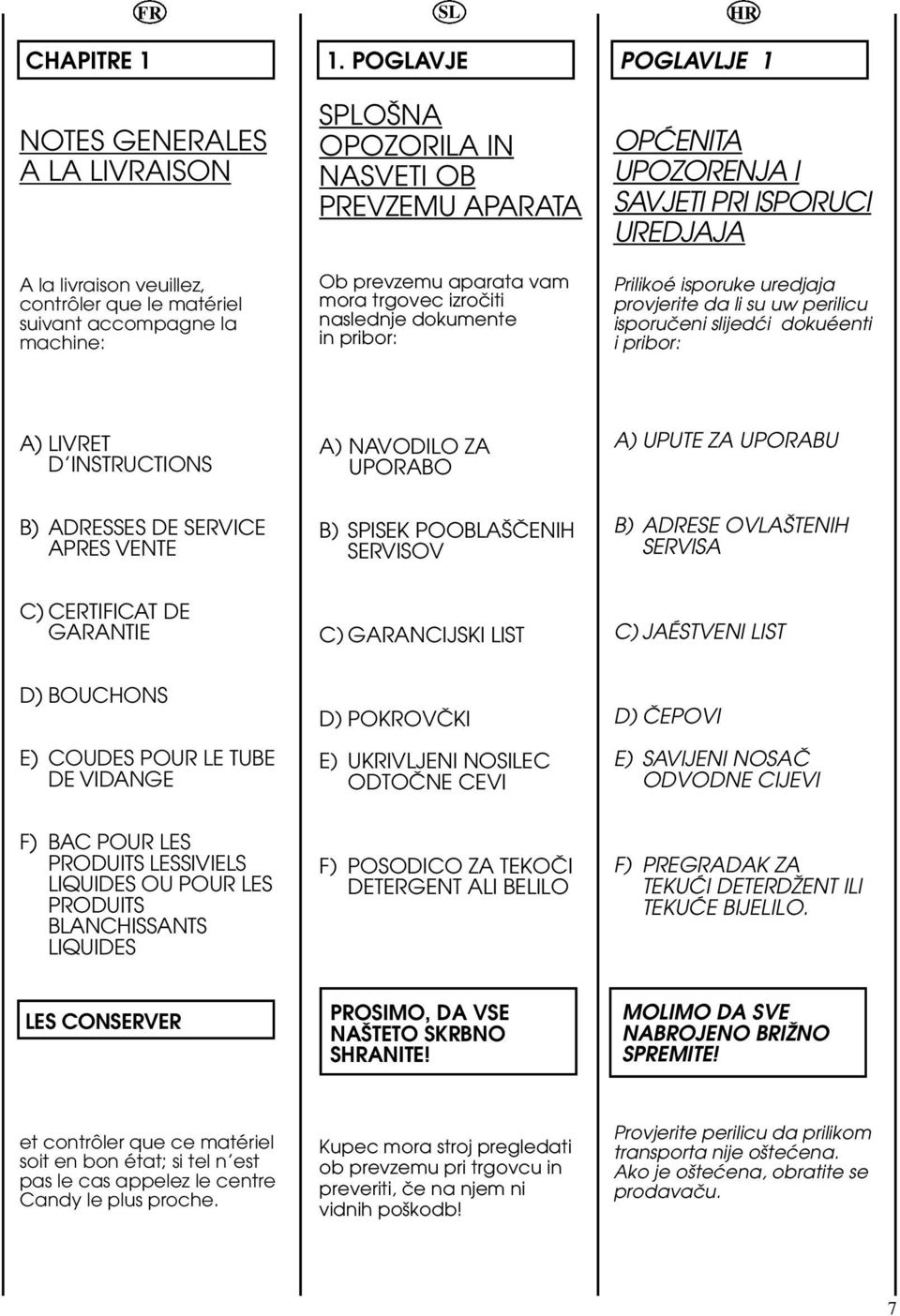 UREDJAJA Prilikoé isporuke uredjaja provjerite da li su uw perilicu isporuãeni slijedçi dokuéenti i pribor: A) LIVRET D INSTRUCTIONS B) ADRESSES DE SERVICE APRES VENTE A) NAVODILO ZA UPORABO B)