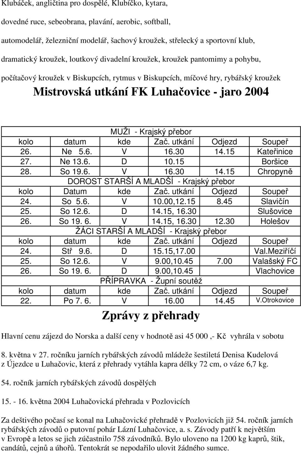 Krajský přebor kolo datum kde Zač. utkání Odjezd Soupeř 26. Ne 5.6. V 16.30 14.15 Kateřinice 27. Ne 13.6. D 10.15 Boršice 28. So 19.6. V 16.30 14.15 Chropyně DOROST STARŠÍ A MLADŠÍ - Krajský přebor kolo Datum kde Zač.