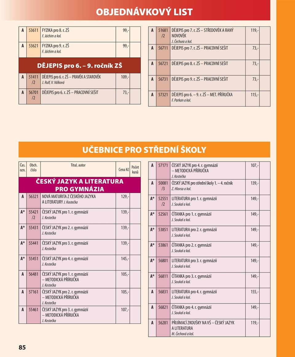 ozn. Obch. číslo Titul, autor Cena Kč ČESKÝ JAZYK A LITERATURA PRO GYMNÁZIA A 56321 NOVÁ MATURITA Z ČESKÉHO JAZYKA A LITERATURY A* 55421 ČESKÝ JAZYK pro 1. r. gymnázií A* 55431 ČESKÝ JAZYK pro 2. r. gymnázií A* 55441 ČESKÝ JAZYK pro 3.