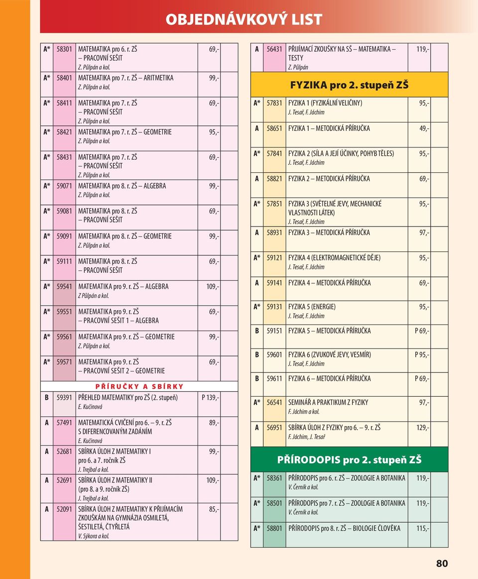 r. ZŠ ALGEBRA Z Půlpán a kol. A* 59551 MATEMATIKA pro 9. r. ZŠ 1 ALGEBRA A* 59561 MATEMATIKA pro 9. r. ZŠ GEOMETRIE A* 59571 MATEMATIKA pro 9. r. ZŠ 2 GEOMETRIE PŘÍRUČKY A SBÍRKY B 59391 PŘEHLED MATEMATIKY pro ZŠ (2.