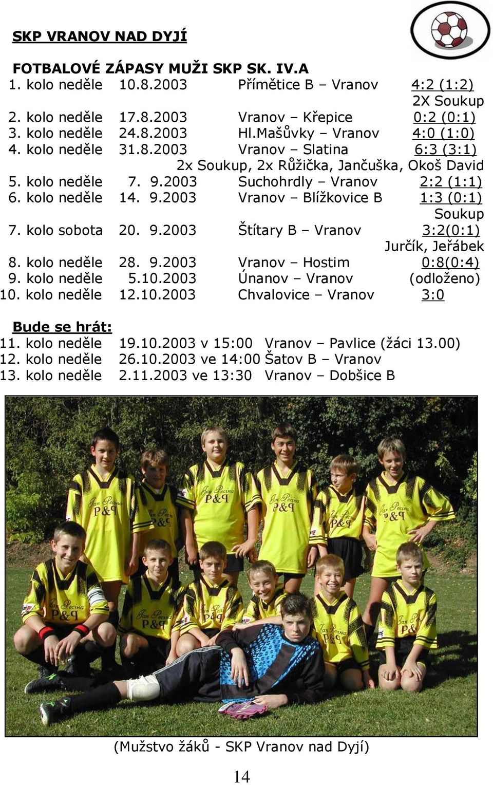 kolo sobota 20. 9.2003 Štítary B Vranov 3:2(0:1) Jurčík, Jeřábek 8. kolo neděle 28. 9.2003 Vranov Hostim 0:8(0:4) 9. kolo neděle 5.10.2003 Únanov Vranov (odloženo) 10. kolo neděle 12.10.2003 Chvalovice Vranov 3:0 Bude se hrát: 11.