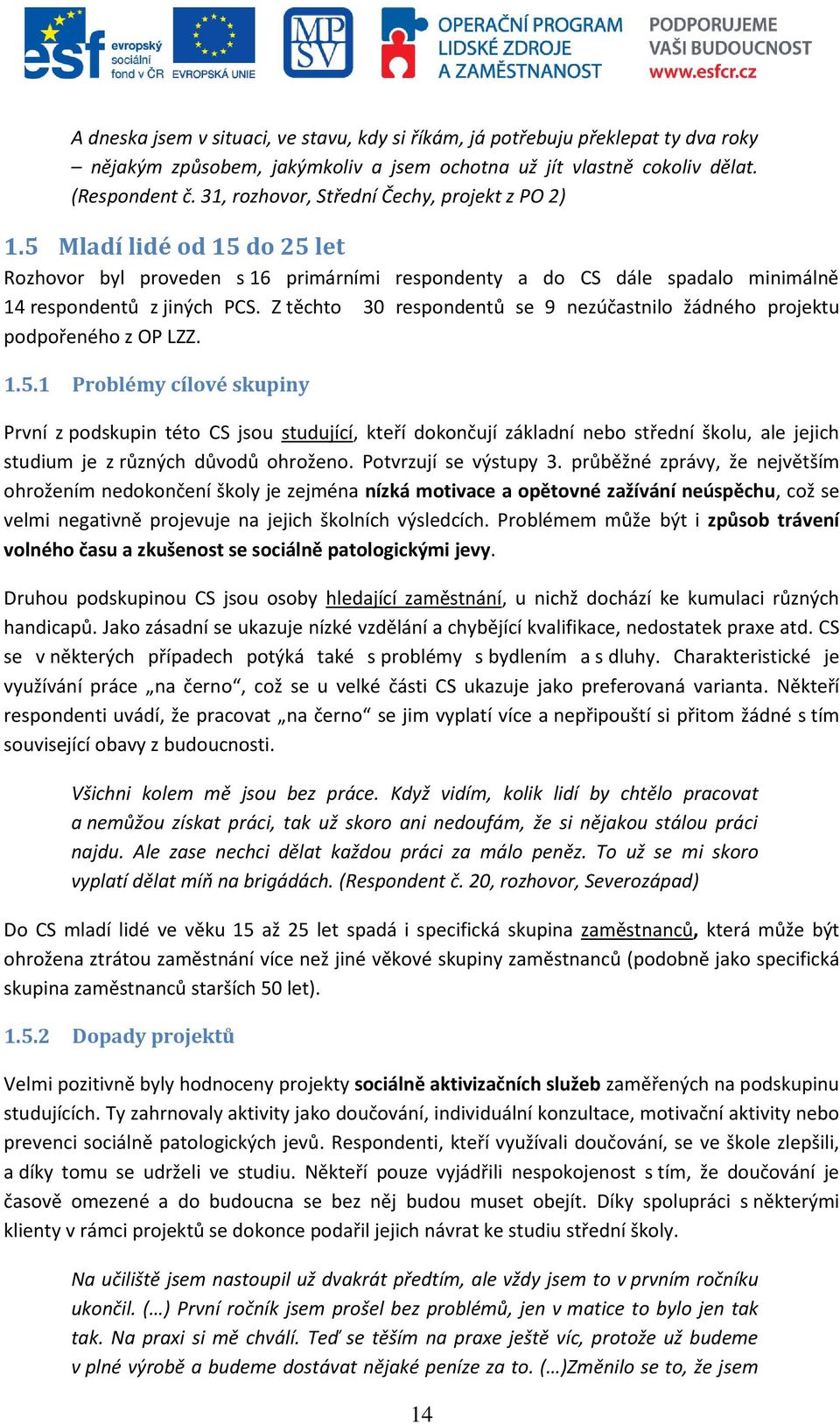 Z těchto 30 respondentů se 9 nezúčastnilo žádného projektu podpořeného z OP LZZ. 1.5.