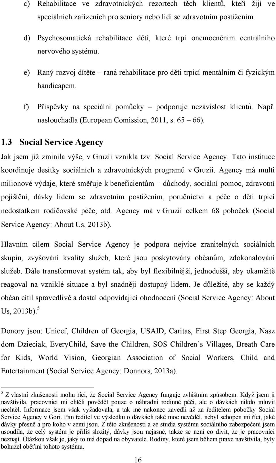 f) Příspěvky na speciální pomůcky podporuje nezávislost klientů. Např. naslouchadla (European Comission, 2011, s. 65 66). 1.3 Social Service Agency Jak jsem jiţ zmínila výše, v Gruzii vznikla tzv.