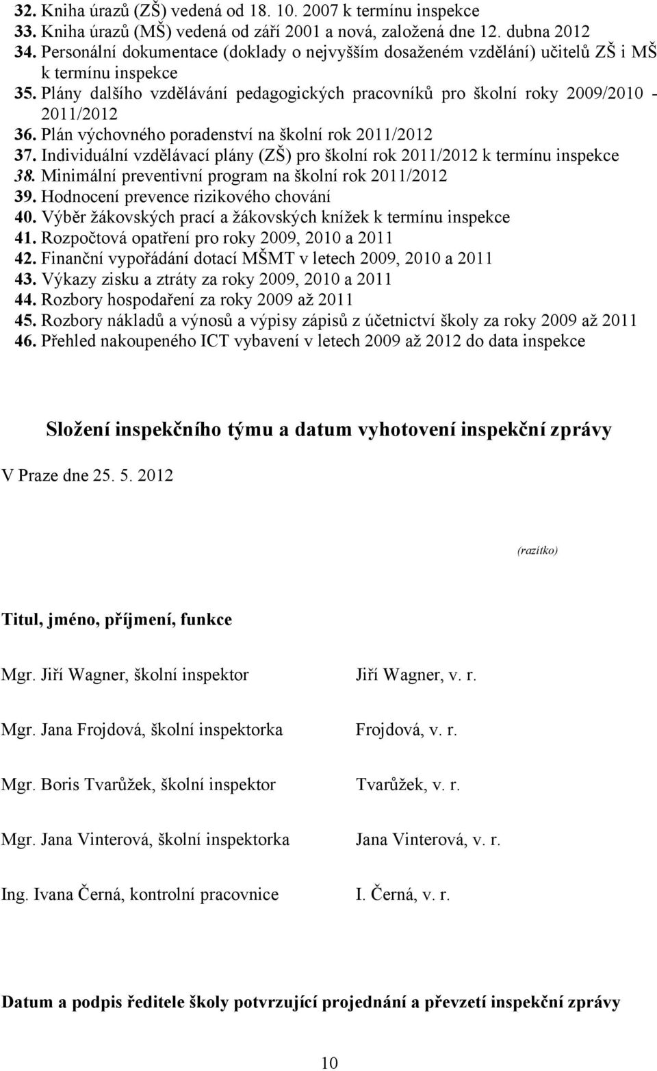 Plán výchovného poradenství na školní rok 2011/2012 37. Individuální vzdělávací plány (ZŠ) pro školní rok 2011/2012 k termínu inspekce 38. Minimální preventivní program na školní rok 2011/2012 39.