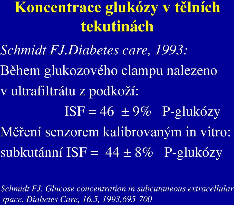 ISF = 46 ± 9% P-glukózy Měření senzorem kalibrovaným in vitro: subkutánní ISF = 44