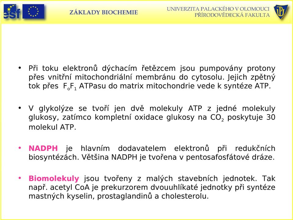 V glykolýze se tvoří jen dvě molekuly ATP z jedné molekuly glukosy, zatímco kompletní oxidace glukosy na CO 2 poskytuje 30 molekul ATP.