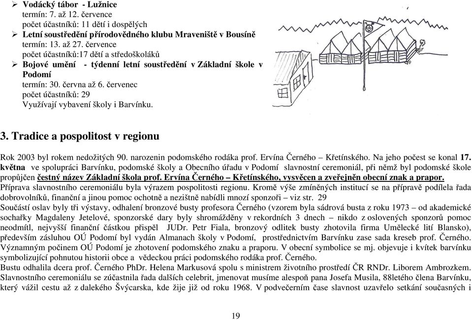 červenec počet účastníků: 29 Využívají vybavení školy i Barvínku. 3. Tradice a pospolitost v regionu Rok 2003 byl rokem nedožitých 90. narozenin podomského rodáka prof. Ervína Černého Křetínského.