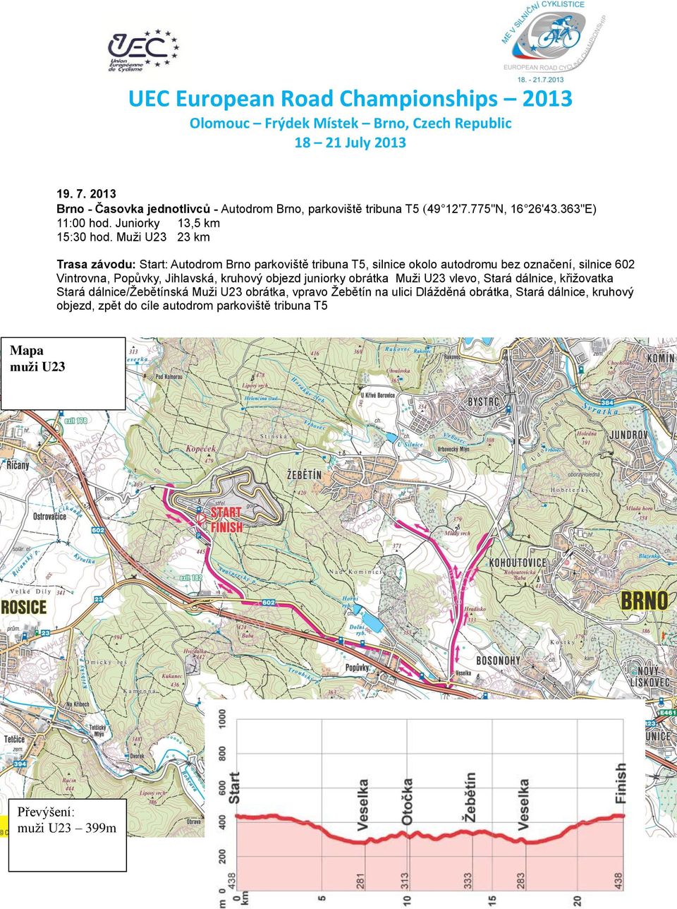 Muži U23 23 km Trasa závodu: Start: Autodrom Brno parkoviště tribuna T5, silnice okolo autodromu bez označení, silnice 602 Vintrovna, Popůvky, Jihlavská,