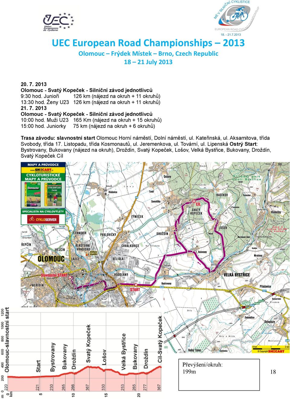 Juniorky 75 km (nájezd na okruh + 6 okruhů) Trasa závodu: slavnostní start Olomouc Horní náměstí, Dolní náměstí, ul. Kateřinská, ul. Aksamitova, třída Svobody, třída 17.