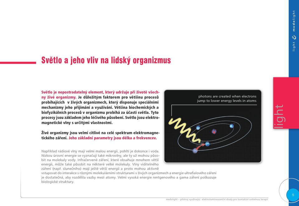 Většina biochemických a biofyzikálních procesů v organizmu probíhá za účasti světla. Tyto procesy jsou základem jeho léčivého působení. Světlo jsou elektromagnetické vlny s určitými vlastnostmi.