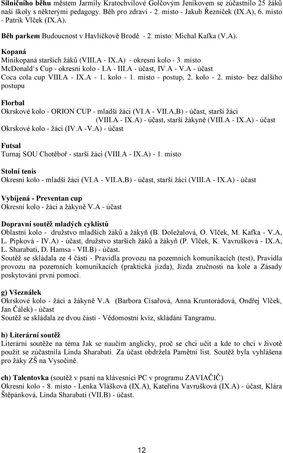 A - účast, IV.A - V.A - účast Coca cola cup VIII.A - IX.A - 1. kolo - 1. místo - postup, 2. kolo - 2. místo- bez dalšího postupu Florbal Okrskové kolo - ORION CUP - mladší žáci (VI.A - VII.