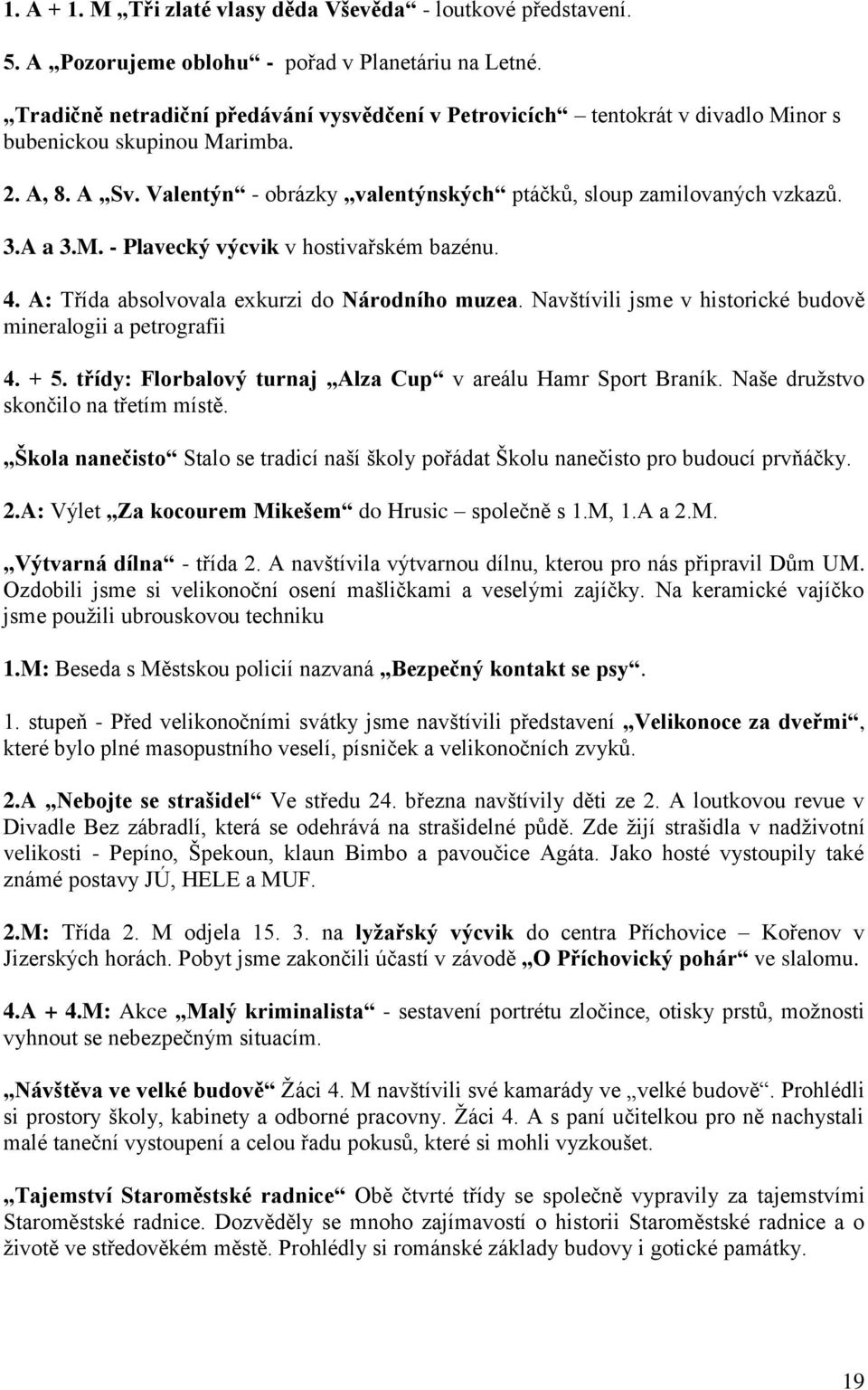 A a 3.M. - Plavecký výcvik v hostivařském bazénu. 4. A: Třída absolvovala exkurzi do Národního muzea. Navštívili jsme v historické budově mineralogii a petrografii 4. + 5.