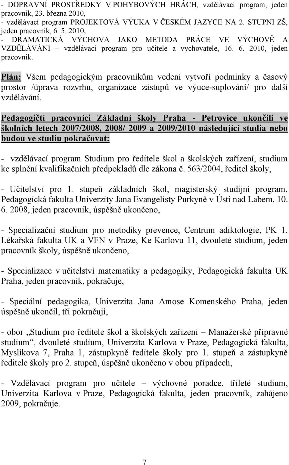 Plán: Všem pedagogickým pracovníkům vedení vytvoří podmínky a časový prostor /úprava rozvrhu, organizace zástupů ve výuce-suplování/ pro další vzdělávání.