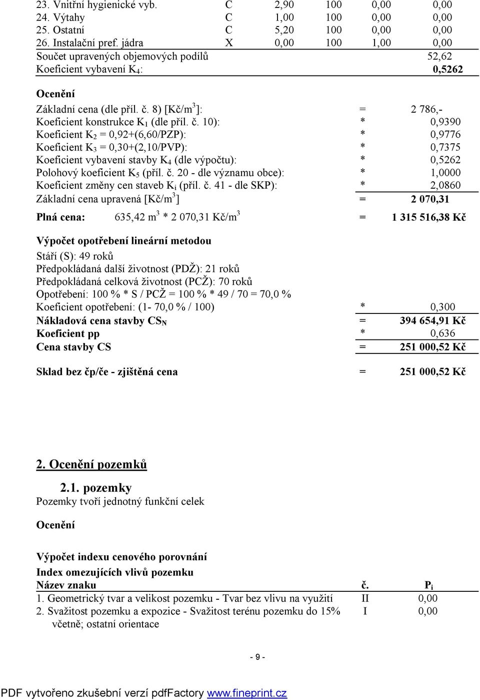 č. 10): * 0,9390 Koeficient K 2 = 0,92+(6,60/PZP): * 0,9776 Koeficient K 3 = 0,30+(2,10/PVP): * 0,7375 Koeficient vybavení stavby K 4 (dle výpočtu): * 0,5262 Polohový koeficient K 5 (příl. č.