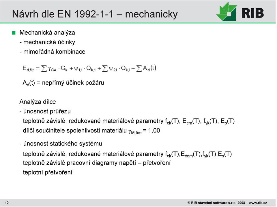 spolehlivosti materiálu γ M,fire = 1,00 - únosnost statického systému teplotně závislé, redukované materiálové parametry f ck (T),E com