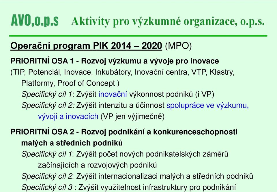 inovacích (VP jen výjimečně) PRIORITNÍ OSA 2 - Rozvoj podnikání a konkurenceschopnosti malých a středních podniků Specifický cíl 1: Zvýšit počet nových podnikatelských