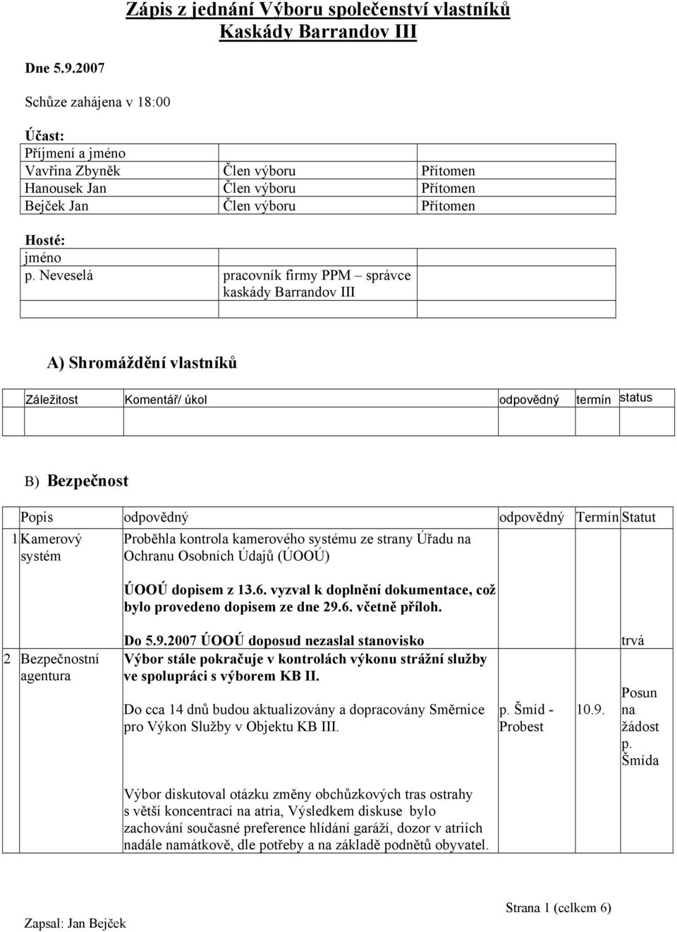 Neveselá pracovník firmy PPM správce kaskády Barrandov III A) Shromáždění vlastníků Záležitost Komentář/ úkol odpovědný termín status B) Bezpečnost Popis odpovědný odpovědný Termín Statut 1 Kamerový