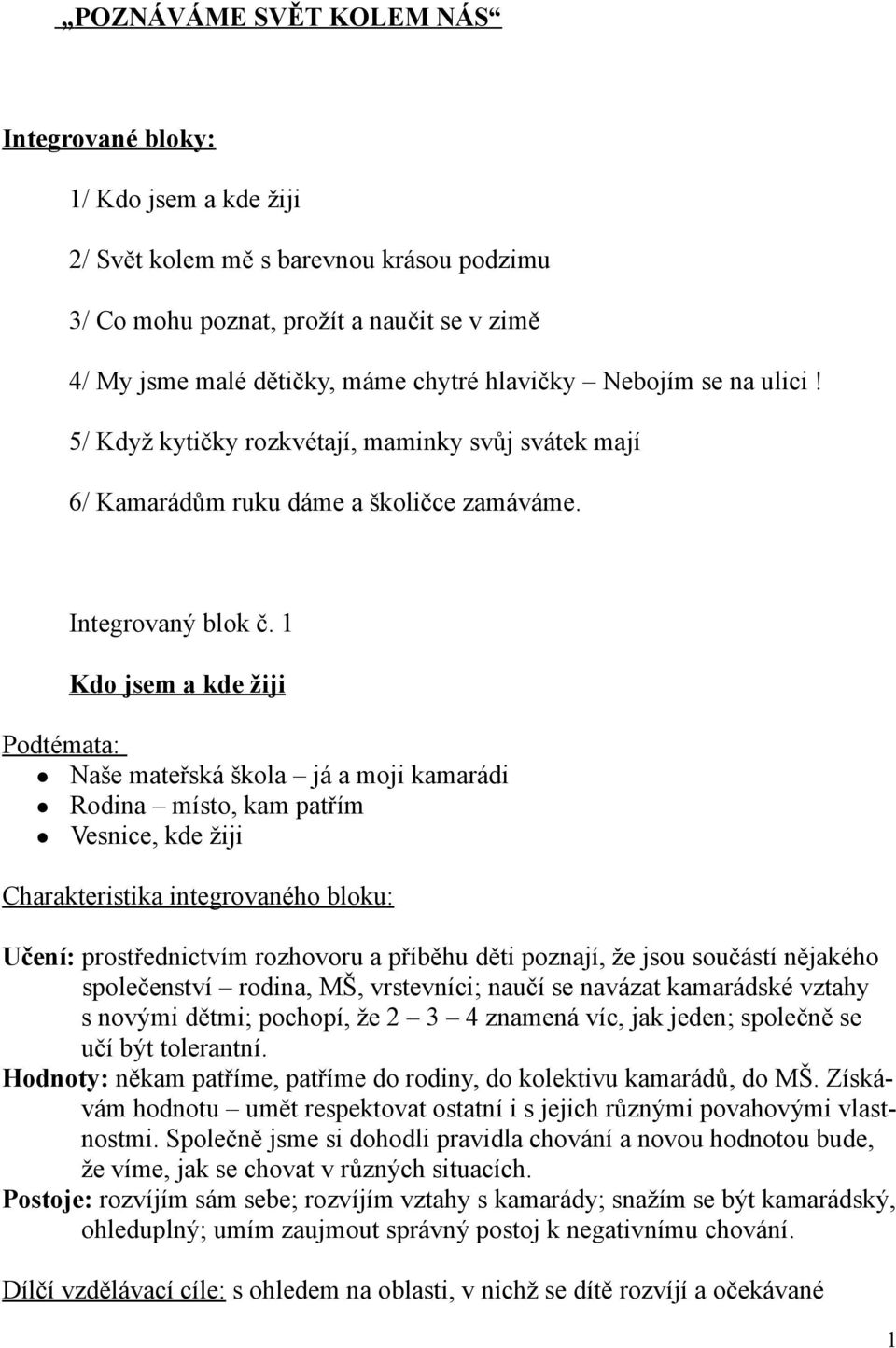 1 Kdo jsem a kde žiji Podtémata: Naše mateřská škola já a moji kamarádi Rodina místo, kam patřím Vesnice, kde žiji Charakteristika integrovaného bloku: Učení: prostřednictvím rozhovoru a příběhu děti