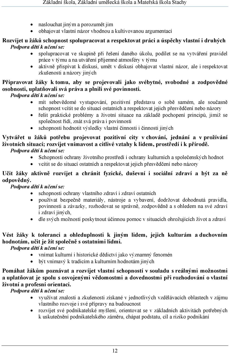 respektovat zkušenosti a názory jiných Připravovat žáky k tomu, aby se projevovali jako svébytné, svobodné a zodpovědné osobnosti, uplatňovali svá práva a plnili své povinnosti.