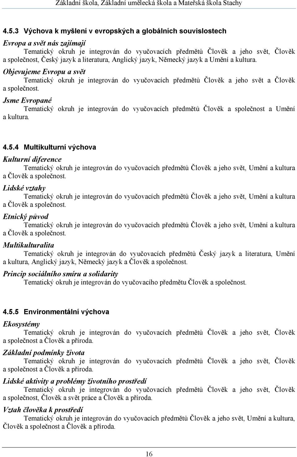 Jsme Evropané Tematický okruh je integrován do vyučovacích předmětů Člověk a společnost a Umění a kultura. 4.5.