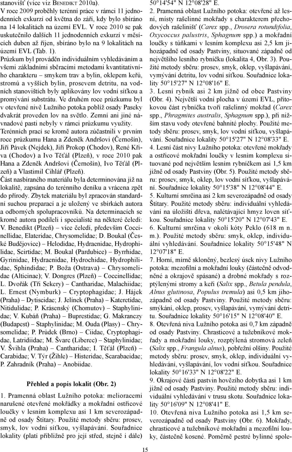 Průzkum byl prováděn individuálním vyhledáváním a všemi základními sběracími metodami kvantitativního charakteru smykem trav a bylin, oklepem keřů, stromů a vyšších bylin, prosevem detritu, na