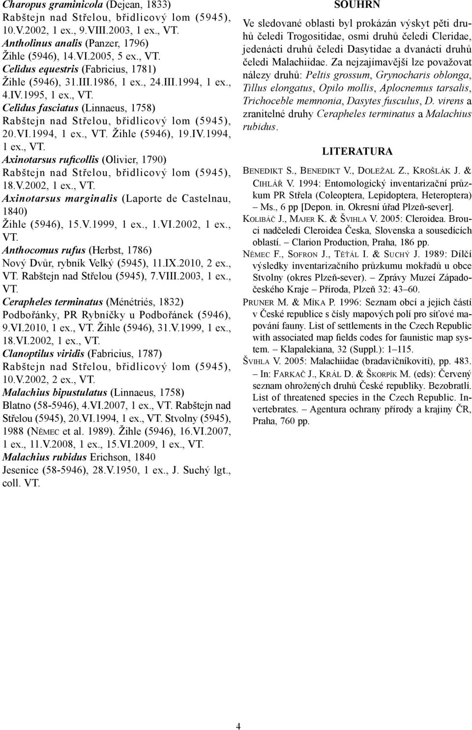 V.2002, 1 ex., VT. Axinotarsus marginalis (Laporte de Castelnau, 1840) Žihle (5946), 15.V.1999, 1 ex., 1.VI.2002, 1 ex., VT. Anthocomus rufus (Herbst, 1786) Nový Dvůr, rybník Velký (5945), 11.IX.