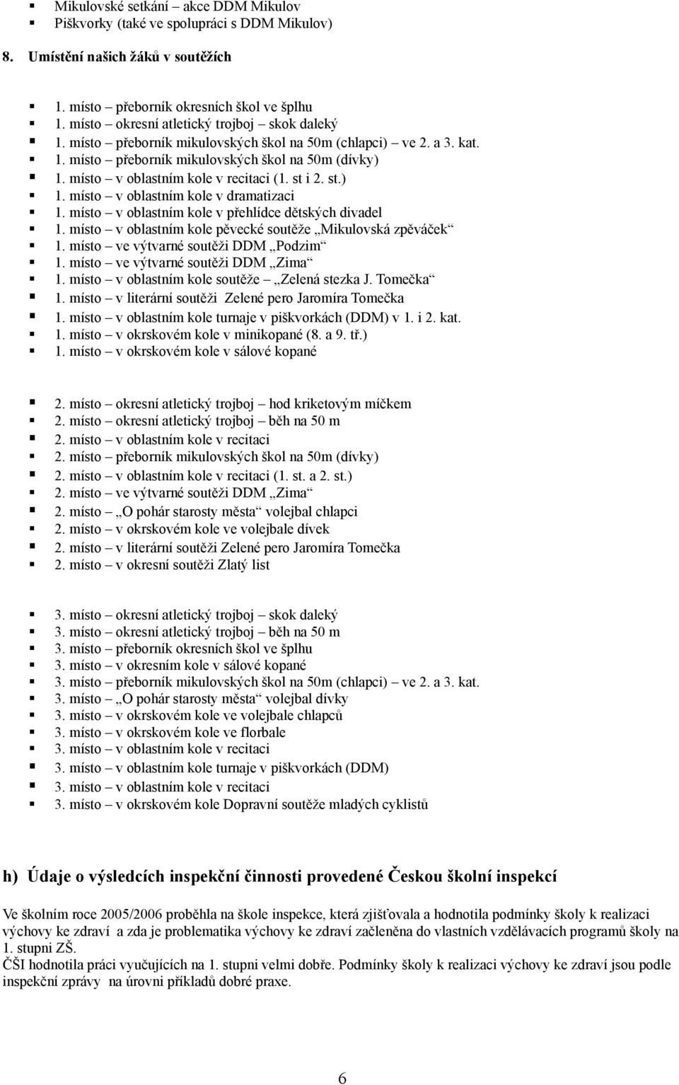 místo v oblastním kole v recitaci (1. st i 2. st.) 1. místo v oblastním kole v dramatizaci 1. místo v oblastním kole v přehlídce dětských divadel 1.