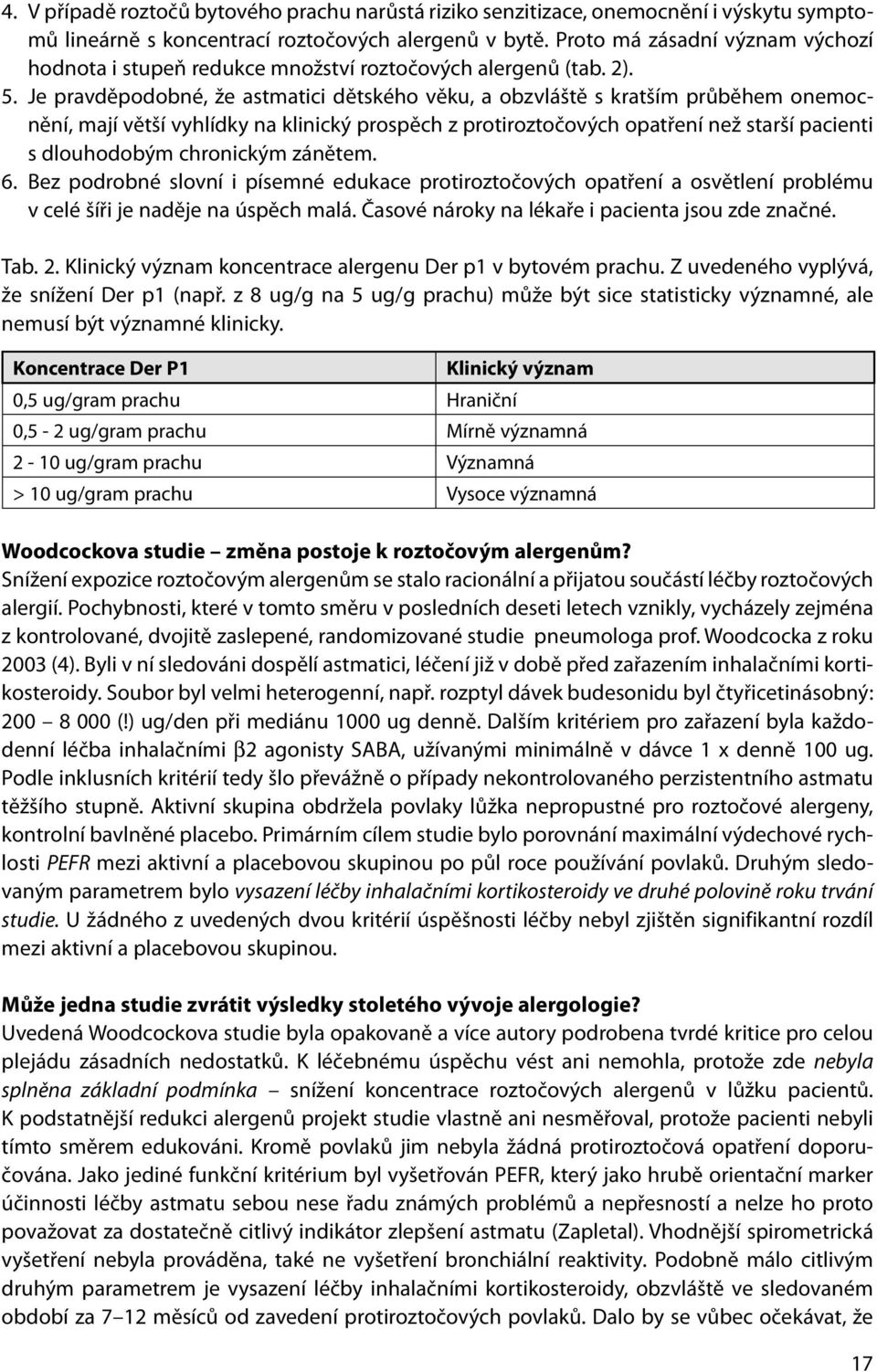 Je pravděpodobné, že astmatici dětského věku, a obzvláště s kratším průběhem onemocnění, mají větší vyhlídky na klinický prospěch z protiroztočových opatření než starší pacienti s dlouhodobým