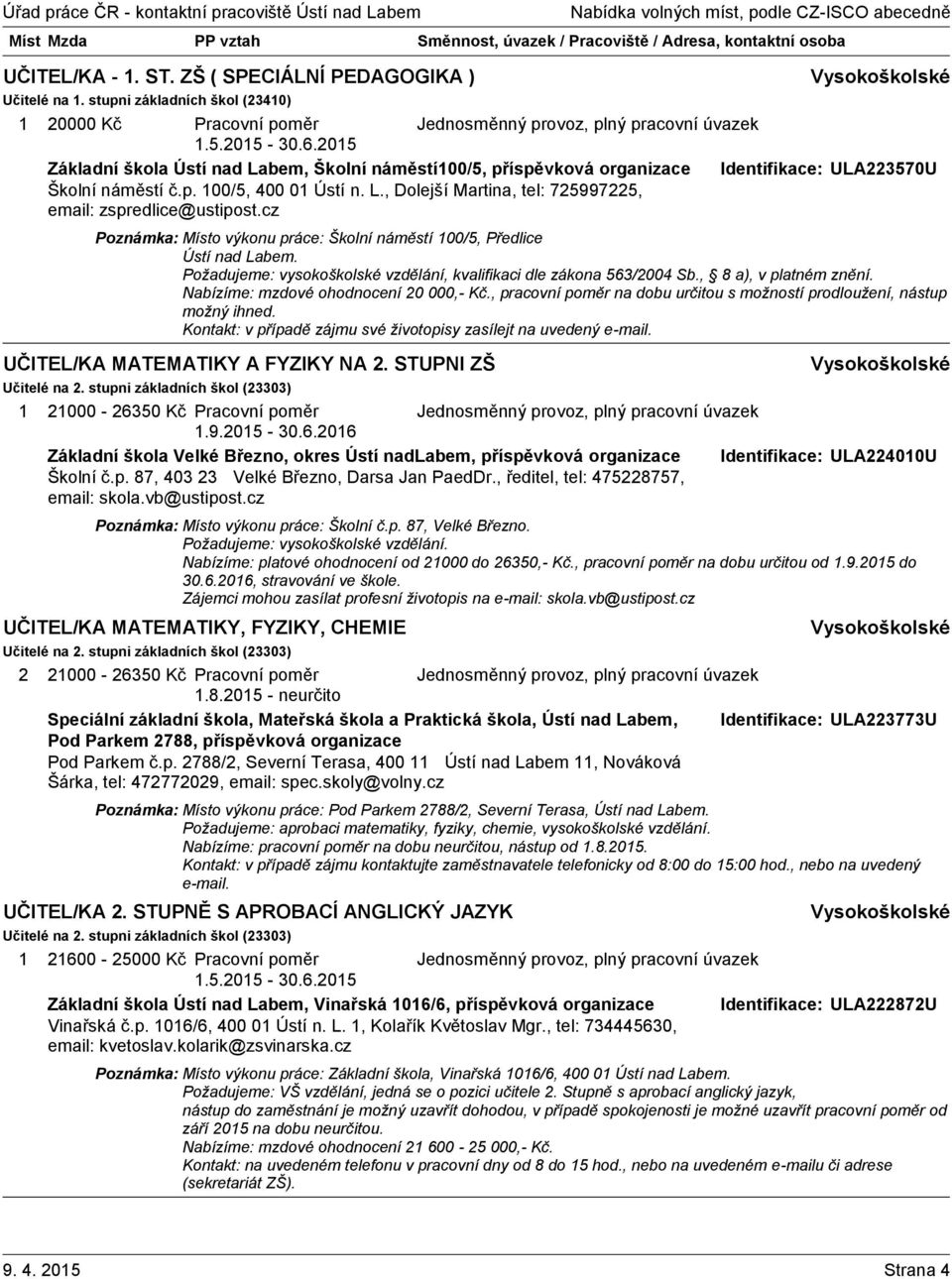 cz Poznámka: Místo výkonu práce: Školní náměstí 00/5, Předlice Ústí nad Labem. Požadujeme: vysokoškolské vzdělání, kvalifikaci dle zákona 563/2004 Sb., 8 a), v platném znění.