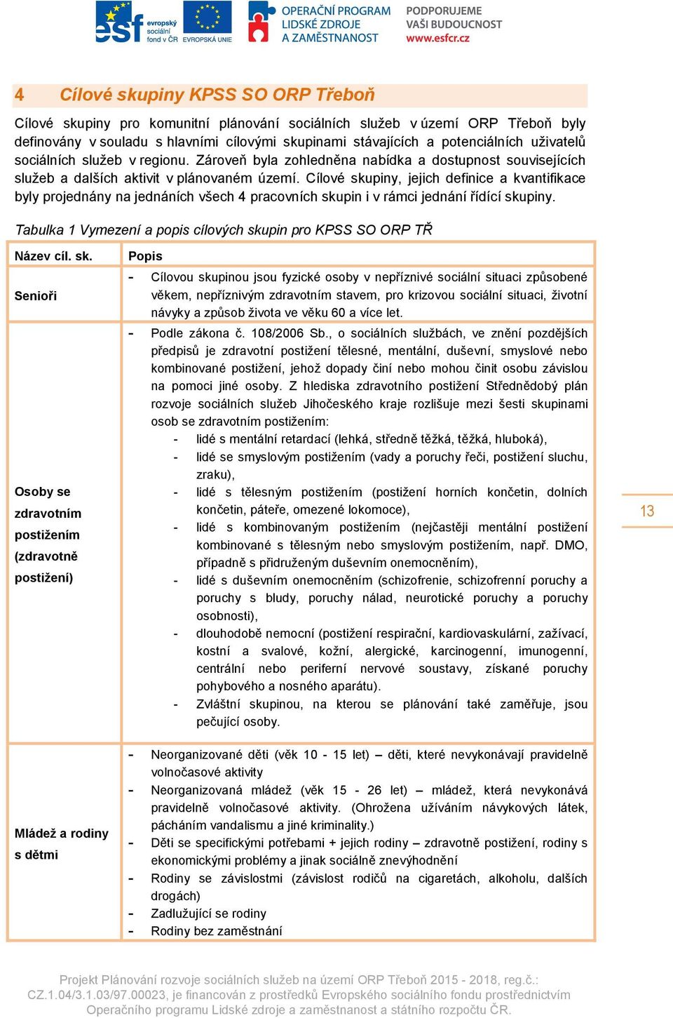 Cílové skupiny, jejich definice a kvantifikace byly projednány na jednáních všech 4 pracovních skupin i v rámci jednání řídící skupiny.