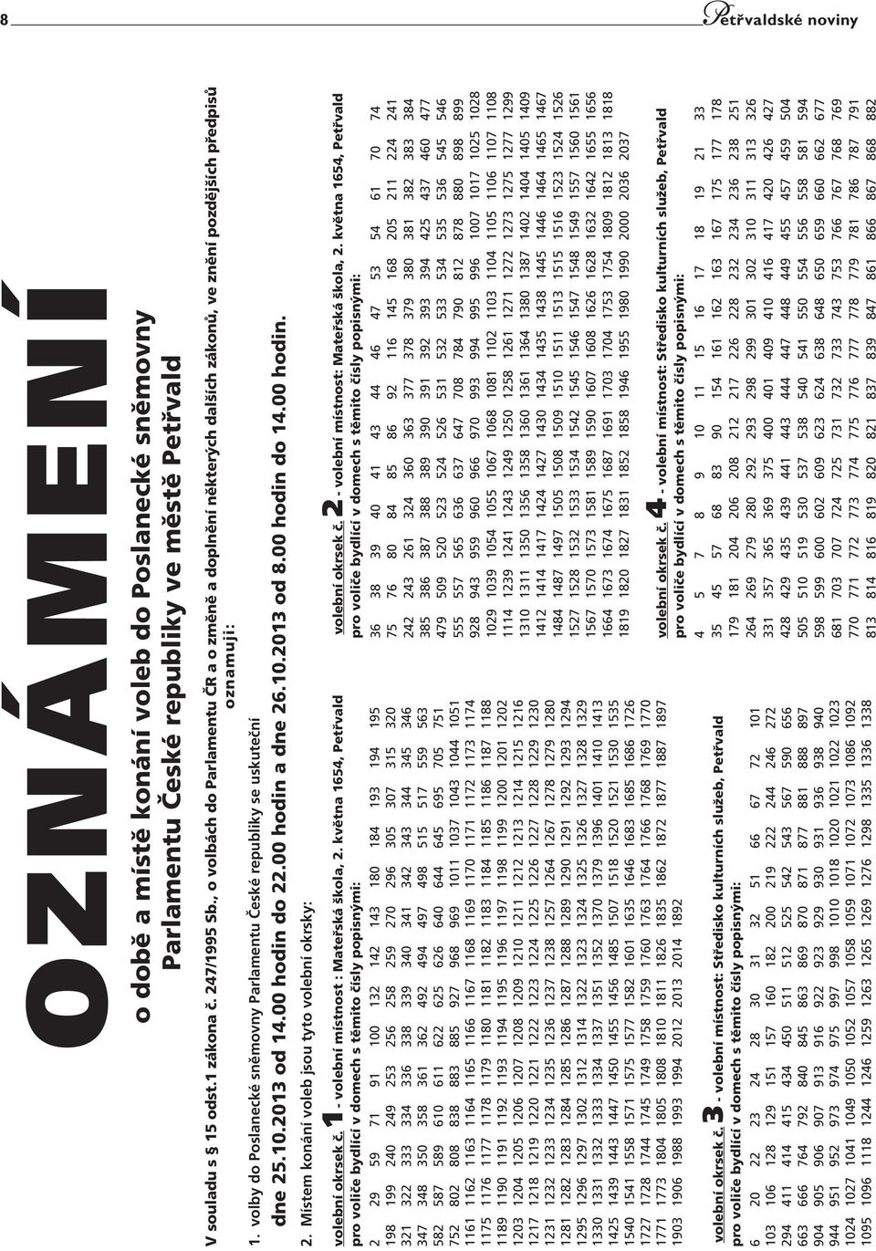 2013 od 14.00 hodin do 22.00 hodin a dne 26.10.2013 od 8.00 hodin do 14.00 hodin. 2. Místem konání voleb jsou tyto volební okrsky: volební okrsek č. 1 - volební místnost : Mateřská škola, 2.