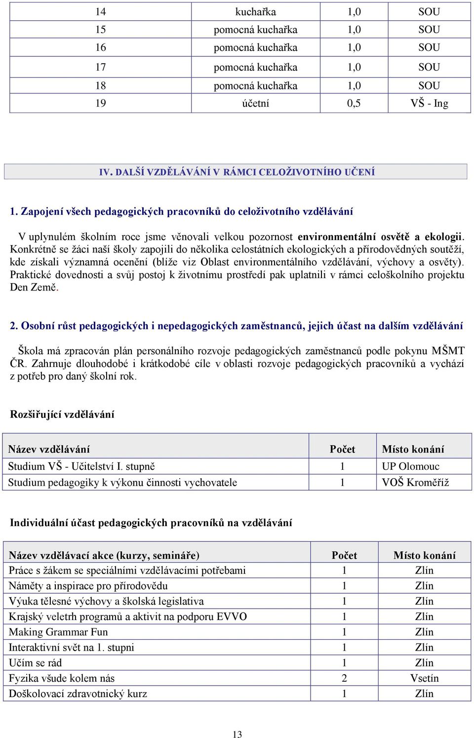 Zapojení všech pedagogických pracovníků do celoživotního vzdělávání V uplynulém školním roce jsme věnovali velkou pozornost environmentální osvětě a ekologii.