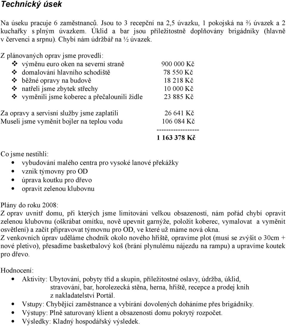 Z plánovaných oprav jsme provedli: výměnu euro oken na severní straně domalování hlavního schodiště běžné opravy na budově natřeli jsme zbytek střechy vyměnili jsme koberec a přečalounili židle Za