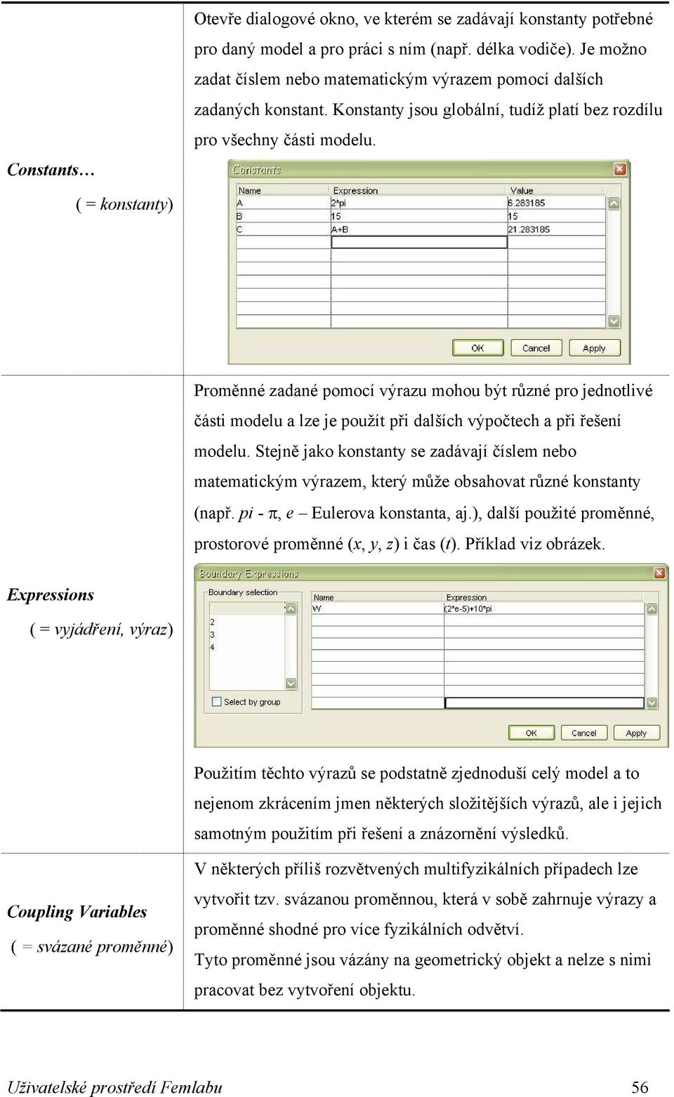 ( = konstanty) Proměnné zadané pomocí výrazu mohou být různé pro jednotlivé části modelu a lze je použít při dalších výpočtech a při řešení modelu.