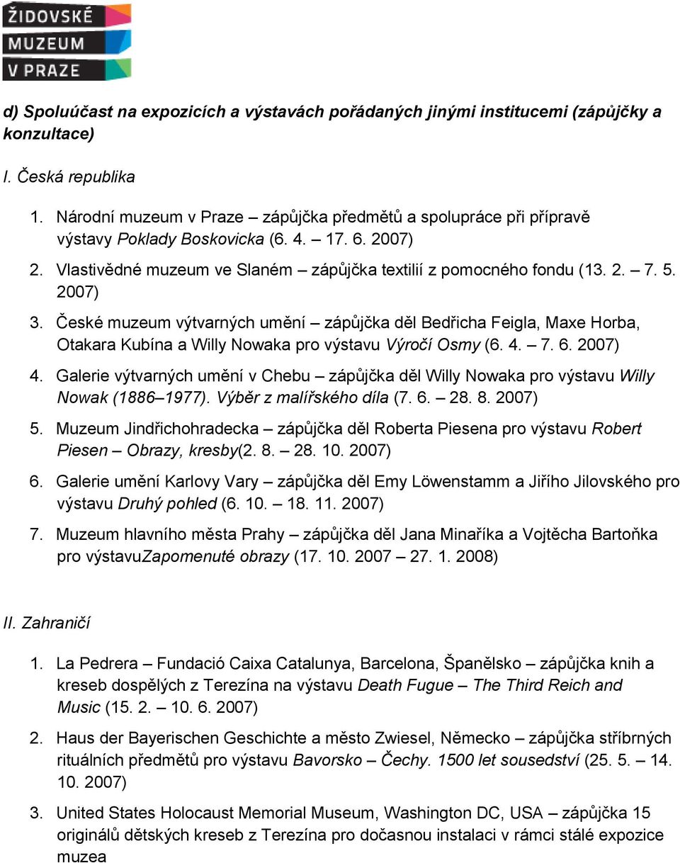 2007) 3. České muzeum výtvarných umění zápůjčka děl Bedřicha Feigla, Maxe Horba, Otakara Kubína a Willy Nowaka pro výstavu Výročí Osmy (6. 4. 7. 6. 2007) 4.