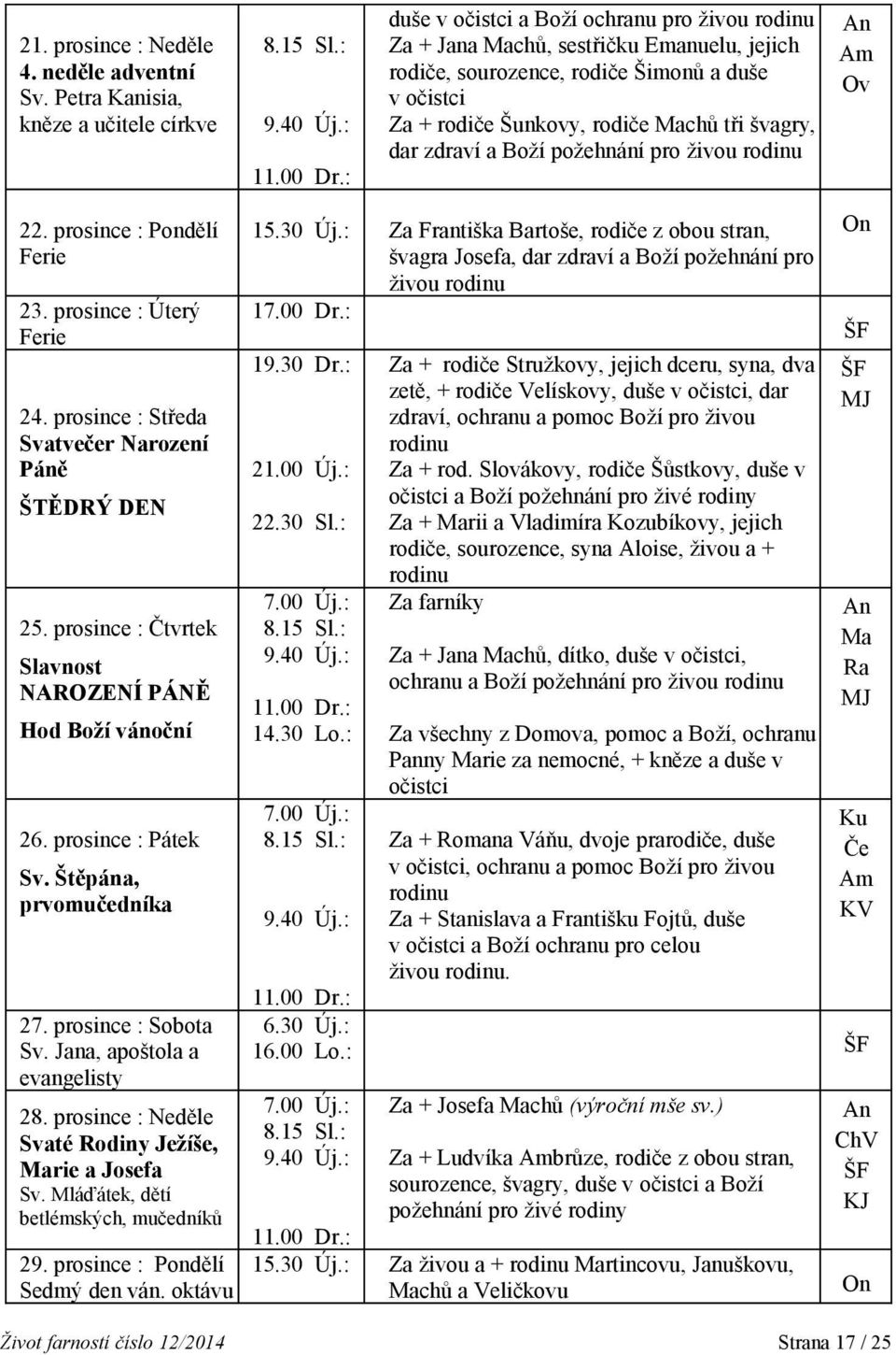 zdraví a Boží požehnání pro živou rodinu An Am Ov 22. prosince : Pondělí 23. prosince : Úterý 24. prosince : Středa Svatvečer Narození Páně ŠTĚDRÝ DEN 25.