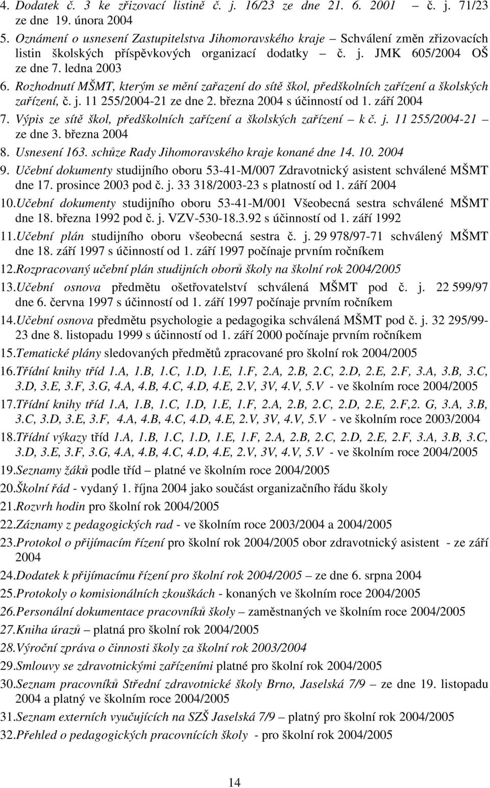 Rozhodnutí MŠMT, kterým se mní zaazení do sít škol, pedškolních zaízení a školských zaízení,. j. 11 255/2004-21 ze dne 2. bezna 2004 s úinností od 1. záí 2004 7.