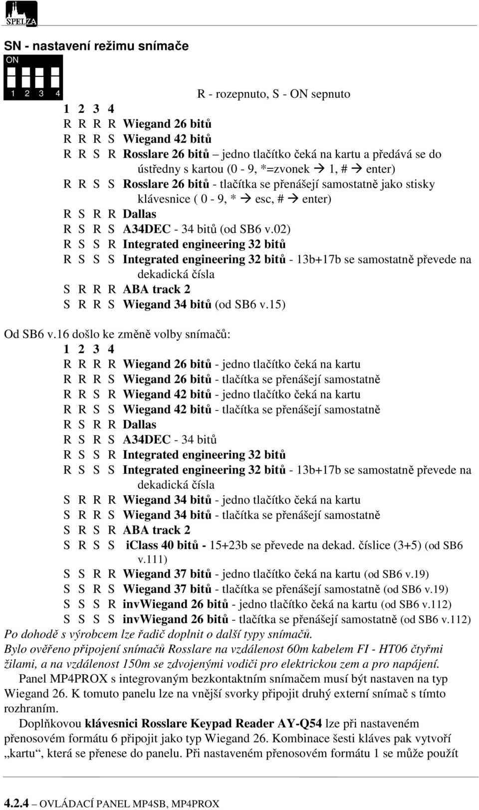 v.02) R S S R Integrated engineering 32 bitů R S S S Integrated engineering 32 bitů - 13b+17b se samostatně převede na dekadická čísla S R R R ABA track 2 S R R S Wiegand 34 bitů (od SB6 v.