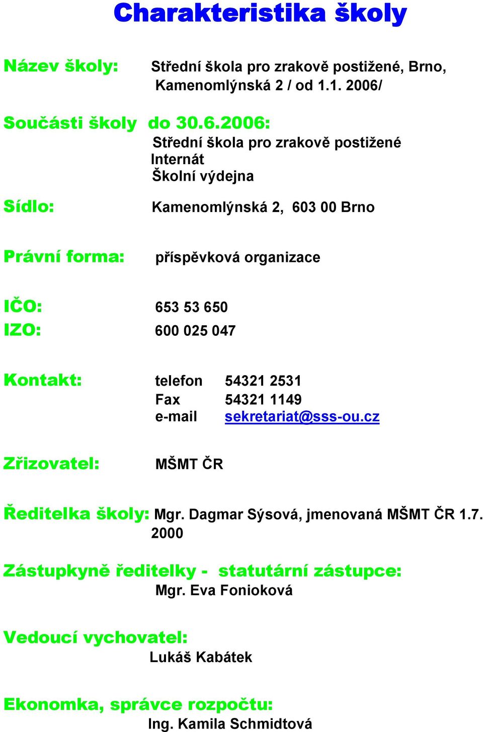 2006: Střední škola pro zrakově postižené Internát Školní výdejna Sídlo: Kamenomlýnská 2, 603 00 Brno Právní forma: příspěvková organizace IČO: 653 53