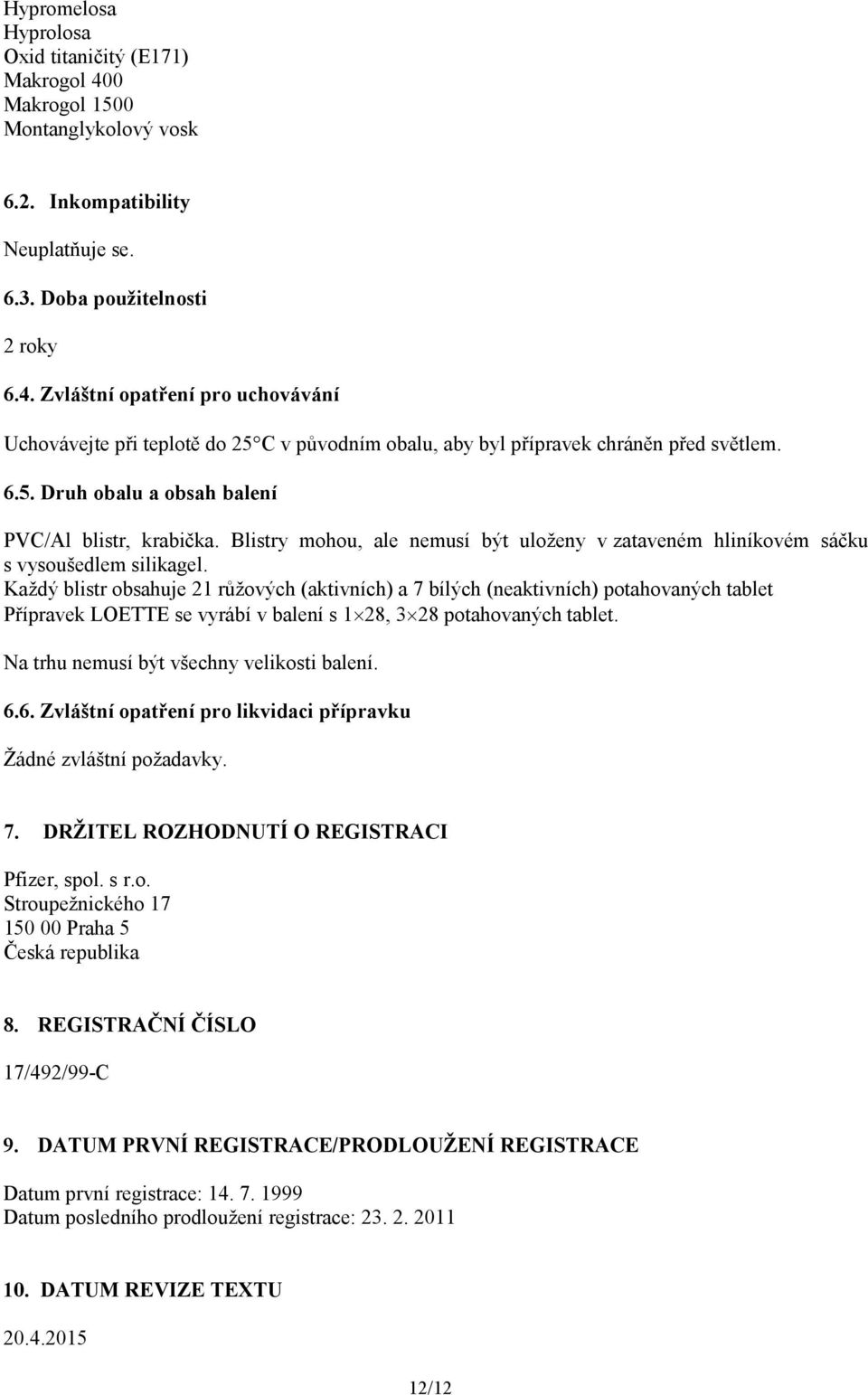 Každý blistr obsahuje 21 růžových (aktivních) a 7 bílých (neaktivních) potahovaných tablet Přípravek LOETTE se vyrábí v balení s 1 28, 3 28 potahovaných tablet.