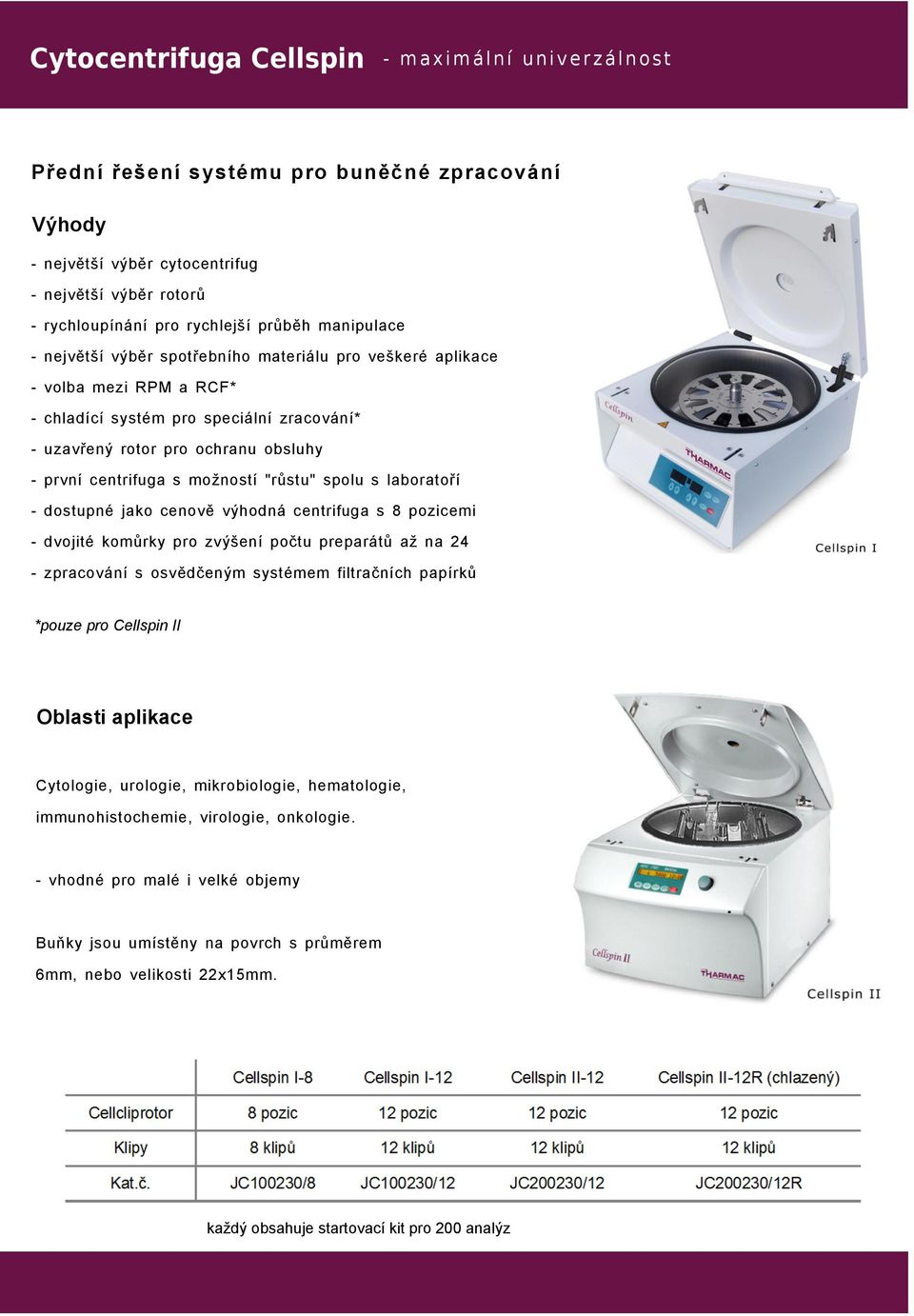 cenově výhodná centrifuga s 8 pozicemi - dvojité komůrky pro zvýšení počtu preparátů až na 24 - zpracování s osvědčeným systémem filtračních papírků *pouze pro Cellspin II Oblasti aplikace Cytologie,