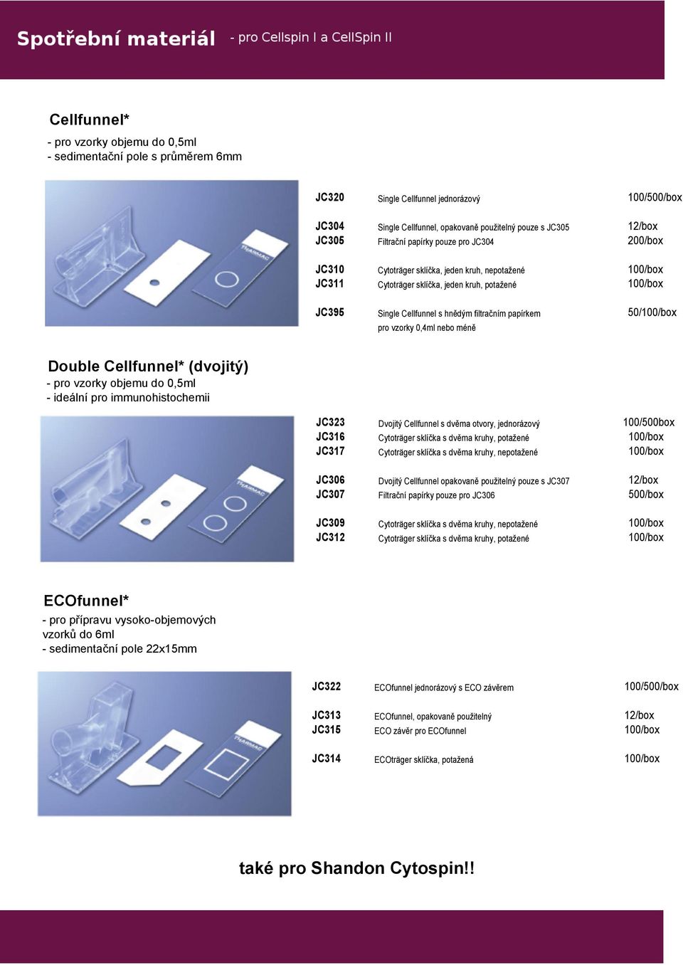 papírkem 50/100/box pro vzorky 0,4ml nebo méně Double Cellfunnel* (dvojitý) - pro vzorky objemu do 0,5ml - ideální pro immunohistochemii JC323 Dvojitý Cellfunnel s dvěma otvory, jednorázový