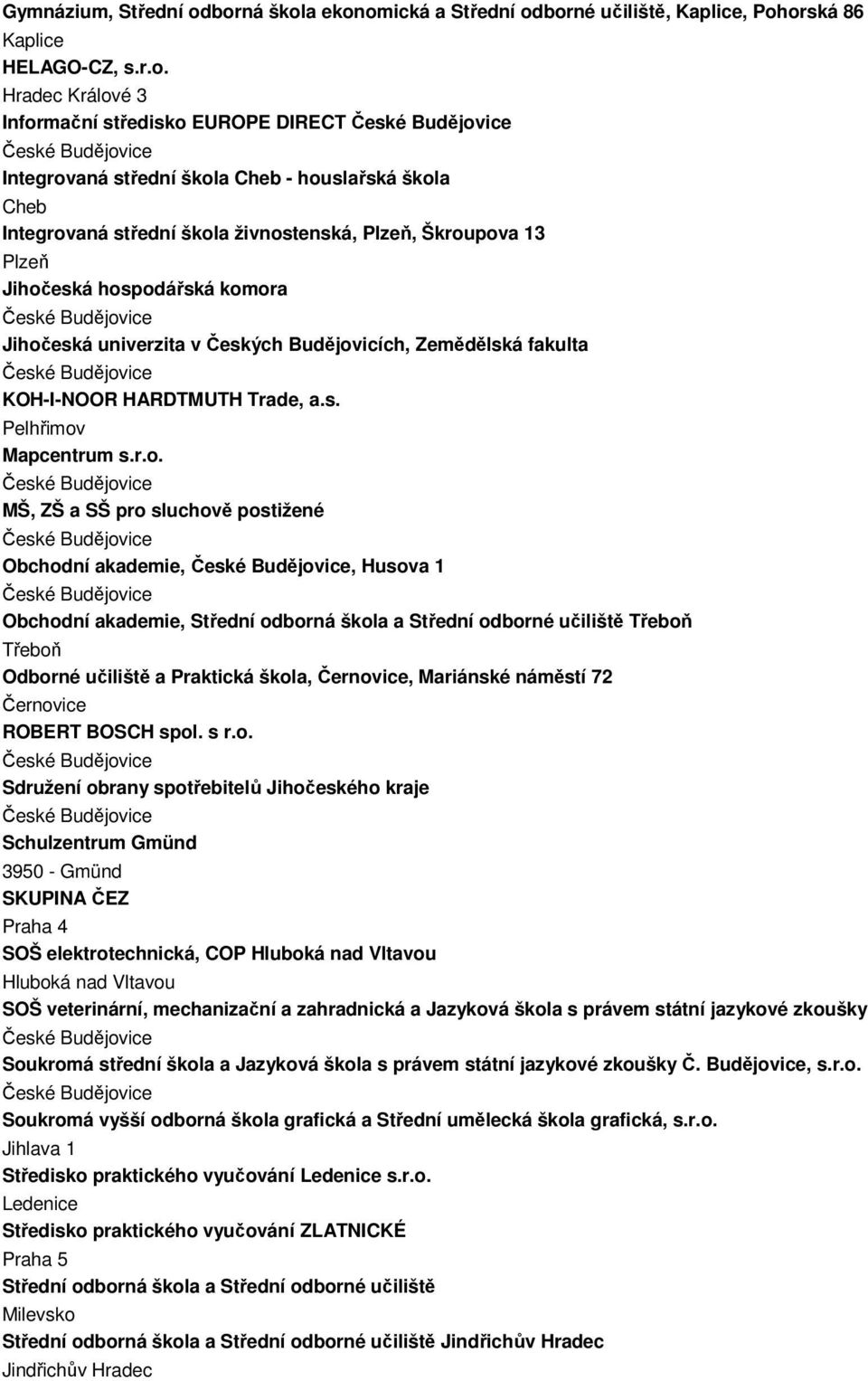 Cheb Integrovaná střední škola živnostenská, Plzeň, Škroupova 13 Plzeň Jihočeská hospodářská komora Jihočeská univerzita v Českých Budějovicích, Zemědělská fakulta KOH-I-NOOR HARDTMUTH Trade, a.s. Pelhřimov Mapcentrum s.