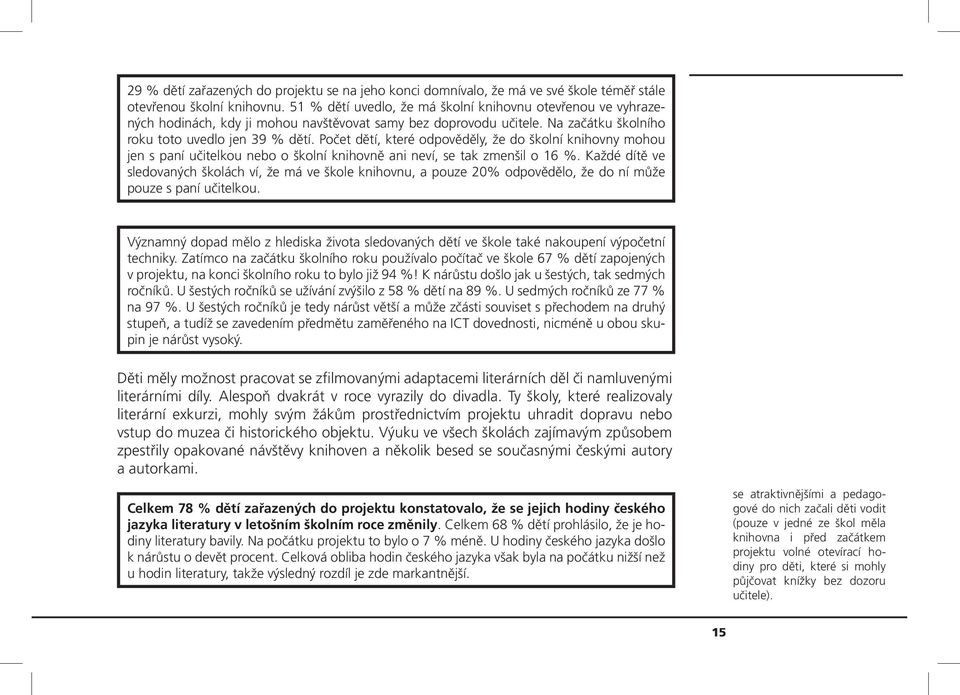Počet dětí, které odpověděly, že do školní knihovny mohou jen s paní učitelkou nebo o školní knihovně ani neví, se tak zmenšil o 16 %.