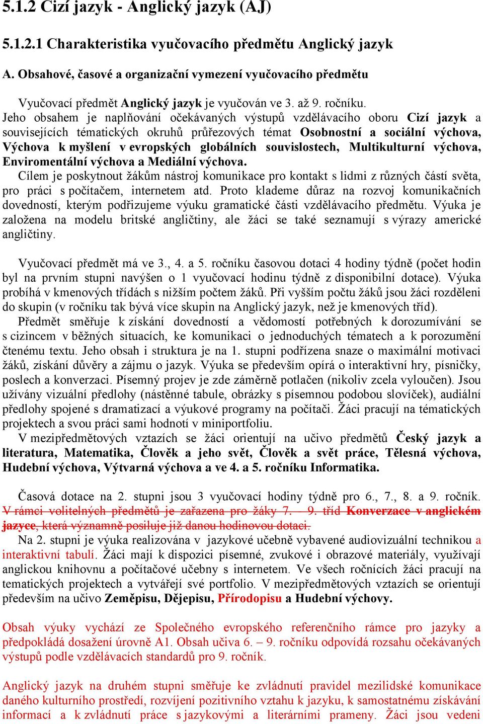 Jeho obsahem je naplňování očekávaných výstupů vzdělávacího oboru Cizí jazyk a souvisejících tématických okruhů průřezových témat Osobnostní a sociální výchova, Výchova k myšlení v evropských