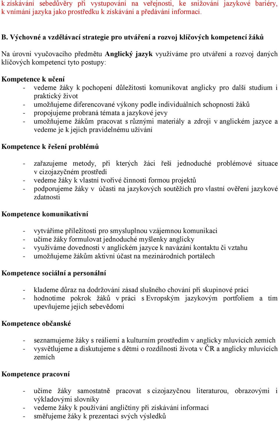 Kompetence k učení - vedeme žáky k pochopení důležitosti komunikovat anglicky pro další studium i praktický život - umožňujeme diferencované výkony podle individuálních schopností žáků - propojujeme